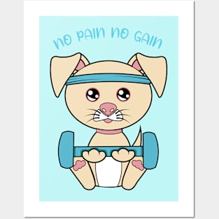 No pain no gain, Cute dog lifting weights. Posters and Art